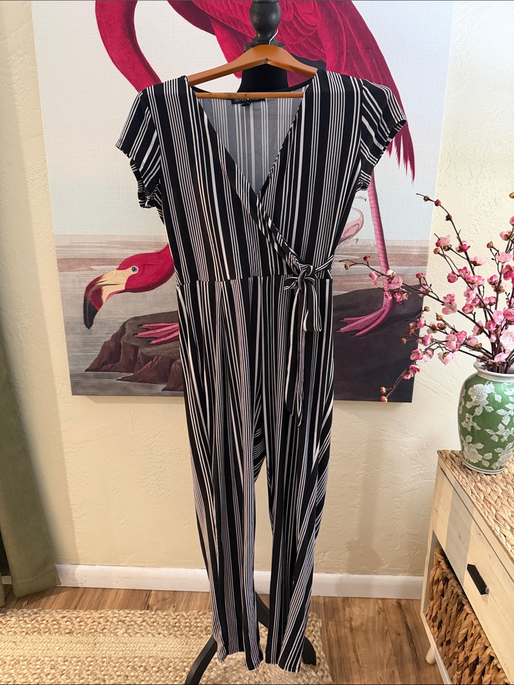 Derek Heart Black and White Vertical Stripe Wrap Jumpsuit